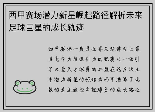 西甲赛场潜力新星崛起路径解析未来足球巨星的成长轨迹