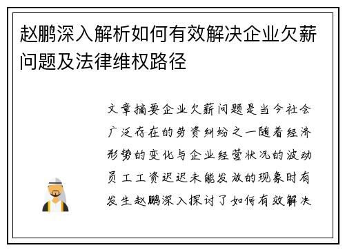 赵鹏深入解析如何有效解决企业欠薪问题及法律维权路径 赵鹏深入解析如何有效解决企业欠薪问题及法律维权路径
